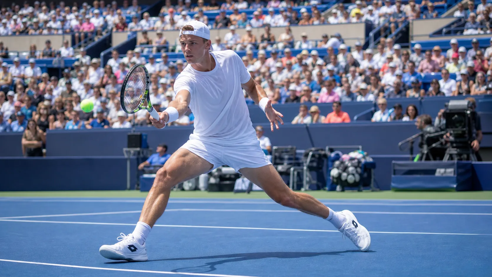 Photorealistic US Open tennis scene for Holger Rune’s US Open Opportunity Depends on Point Discipline.