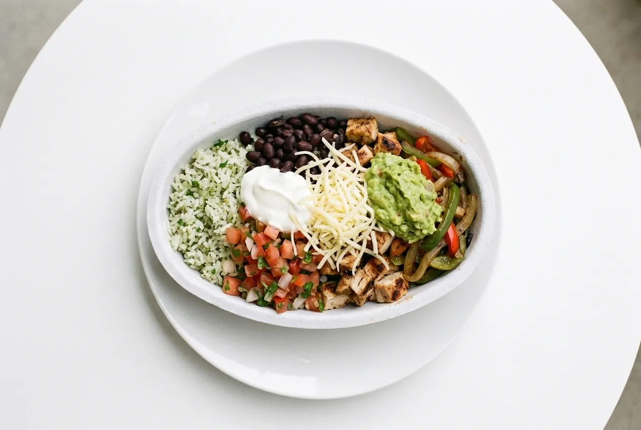 An overhead view of a Chipotle burrito bowl with rice, beans, protein, vegetables, and toppings in bright daylight