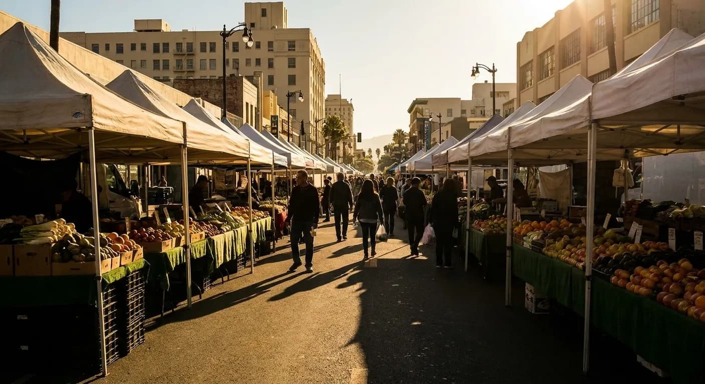 Vendor stalls lining Ivar Avenue at Hollywood Farmers Market on a Sunday morning, with shoppers browsing produce bins under canopy tents