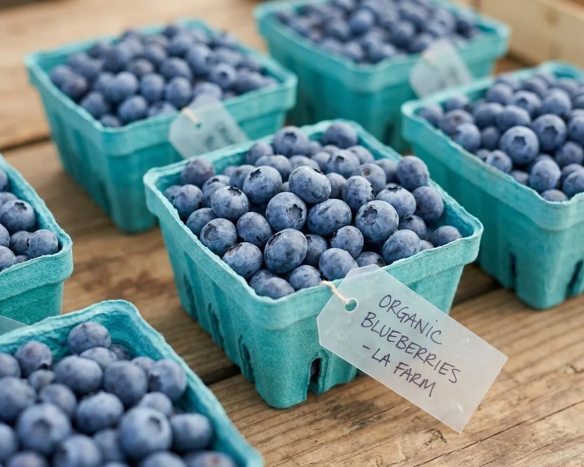 Close-up of pint baskets filled with fresh blueberries at a farmers market stall, with handwritten farm labels visible on the containers