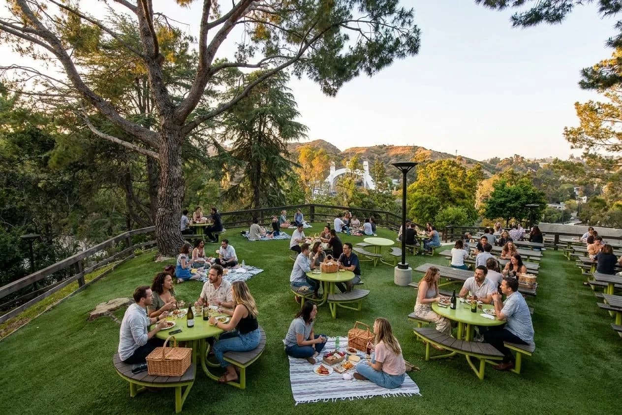 People picnicking in the Hollywood Bowl seating area before a summer concert