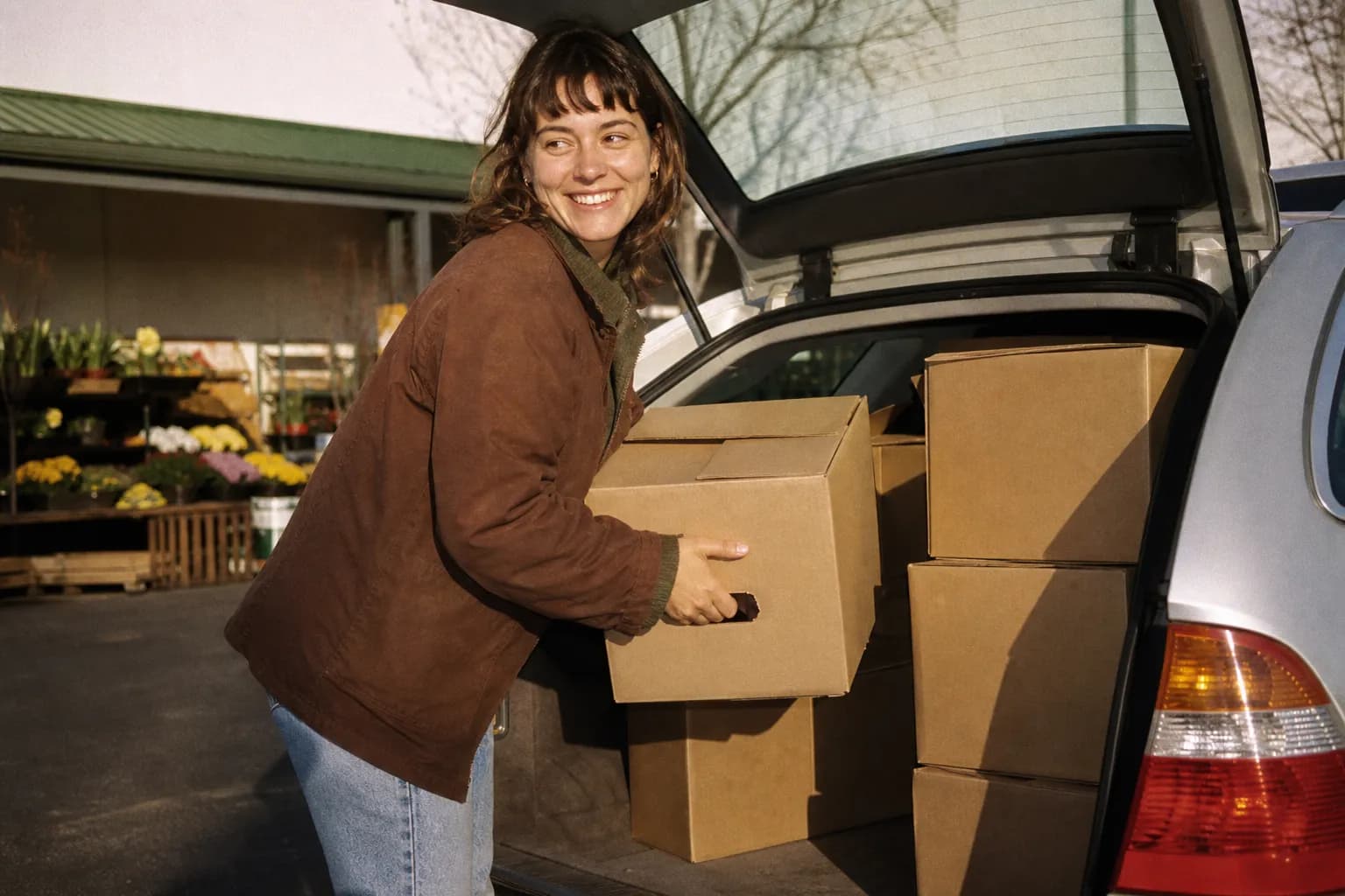 Boxes and supplies being loaded into an open car trunk outside a store