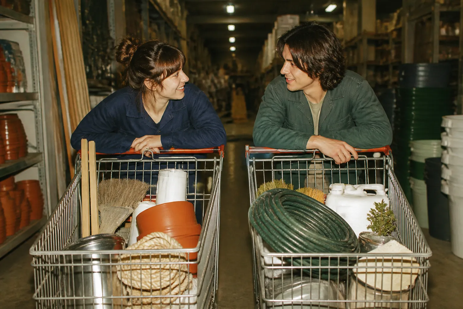 Two hardware store shopping carts positioned side by side in an aisle