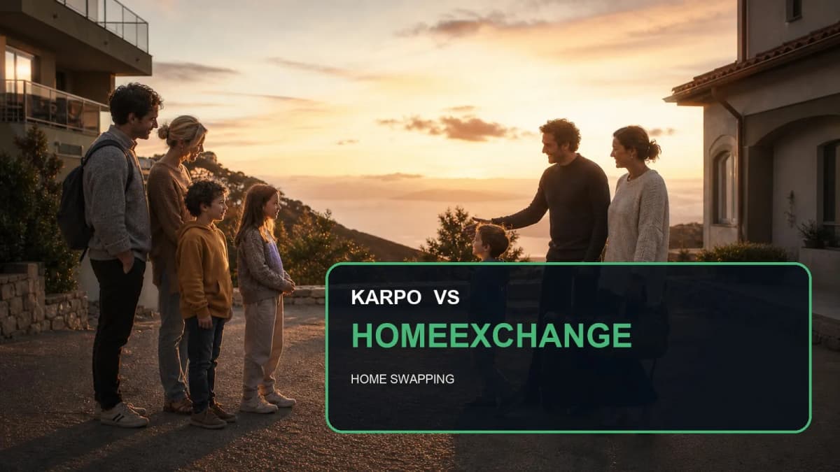 Karpo versus HomeExchange in a photorealistic editorial city comparison.