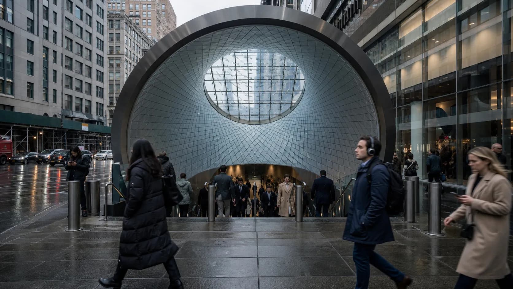 Commuters pass a New York City subway entrance on a busy sidewalk.