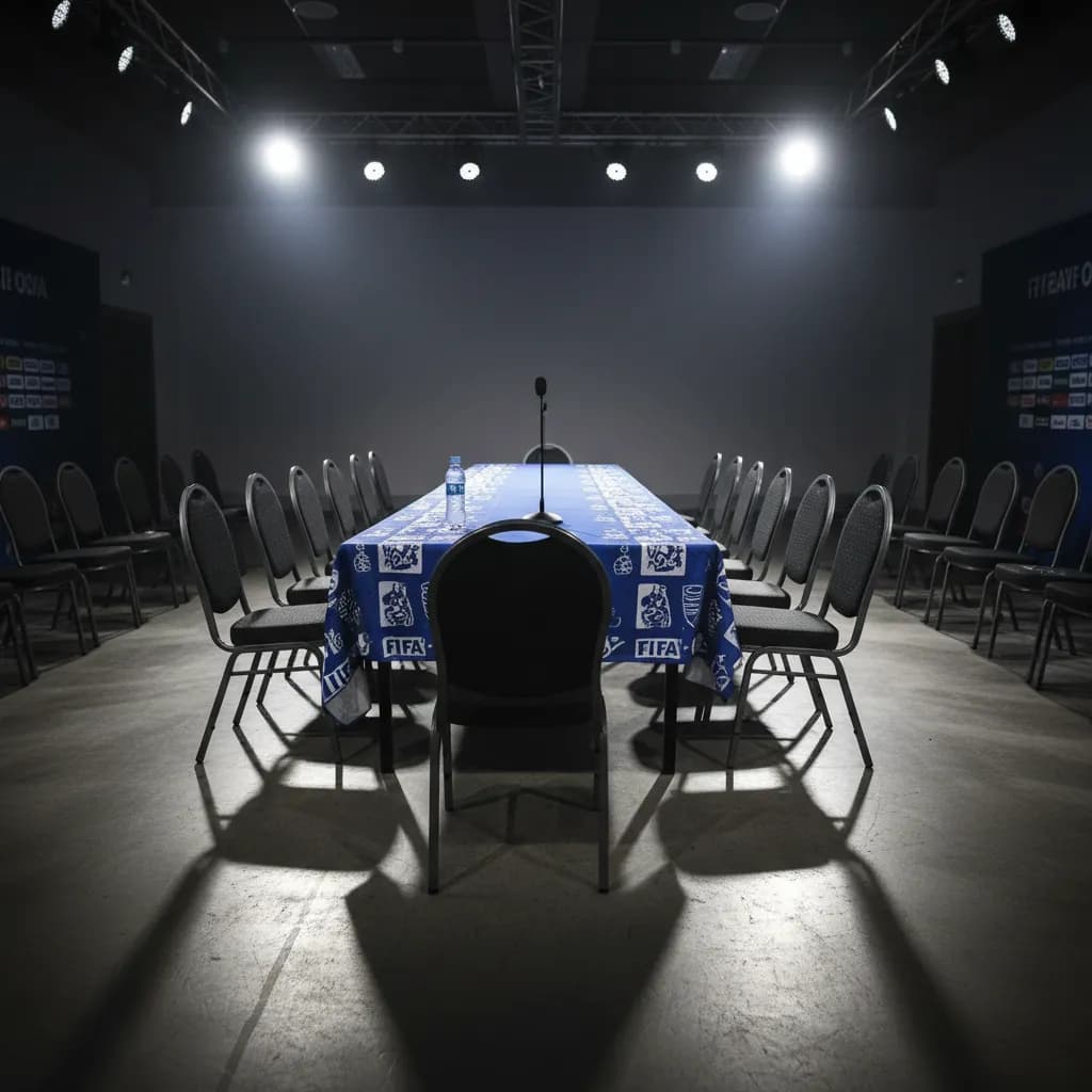 An empty press conference room with a microphone and water bottle on the table after the match
