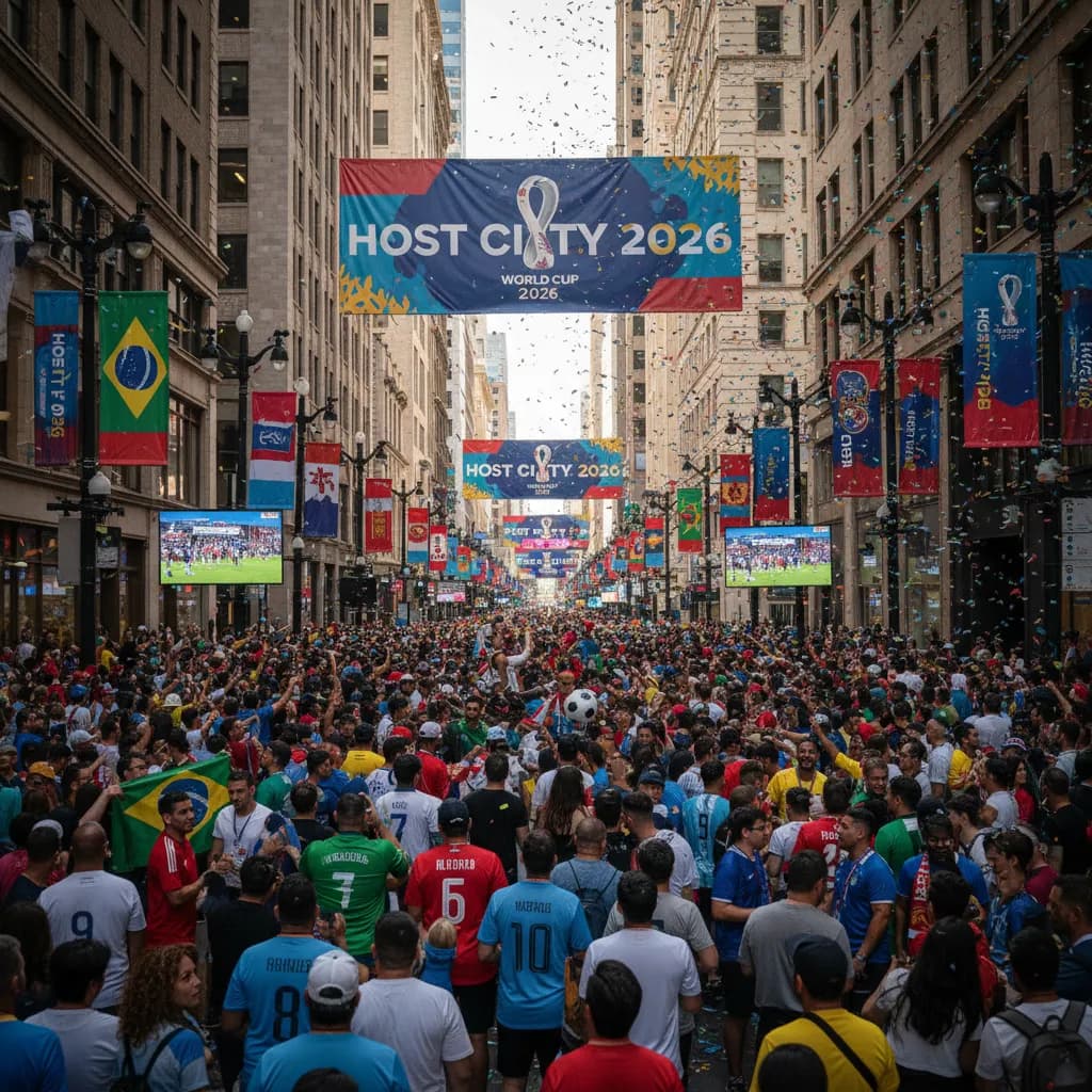 A bustling host-city street decorated with World Cup banners and flags