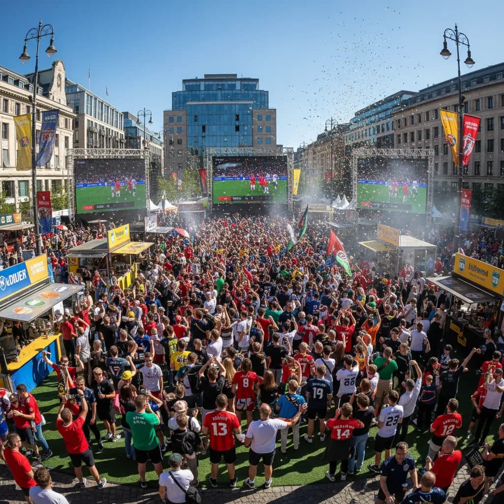 A bustling host-city street decorated with World Cup banners and flags