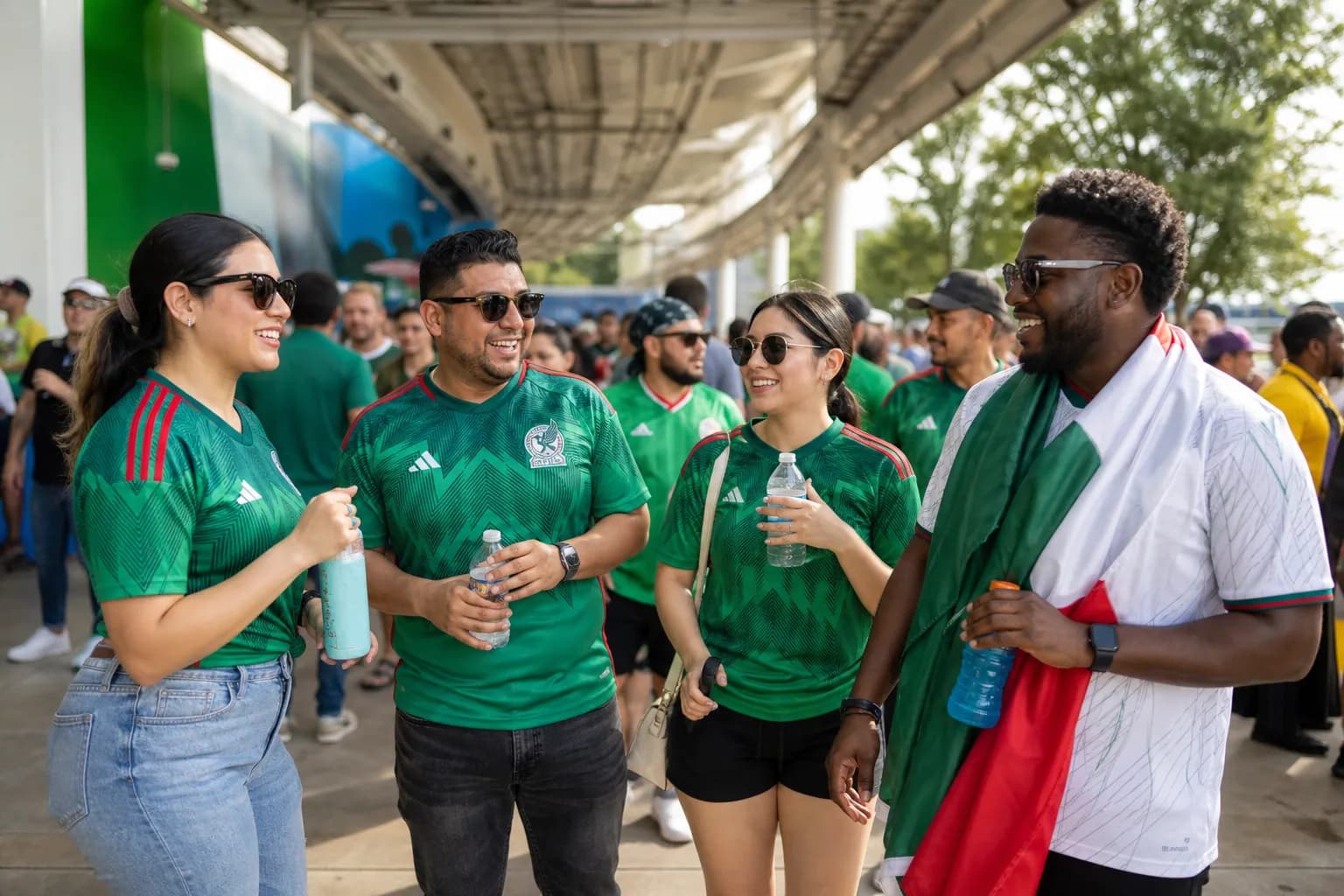 Houston fans using shade and hydration before a World Cup stadium entry