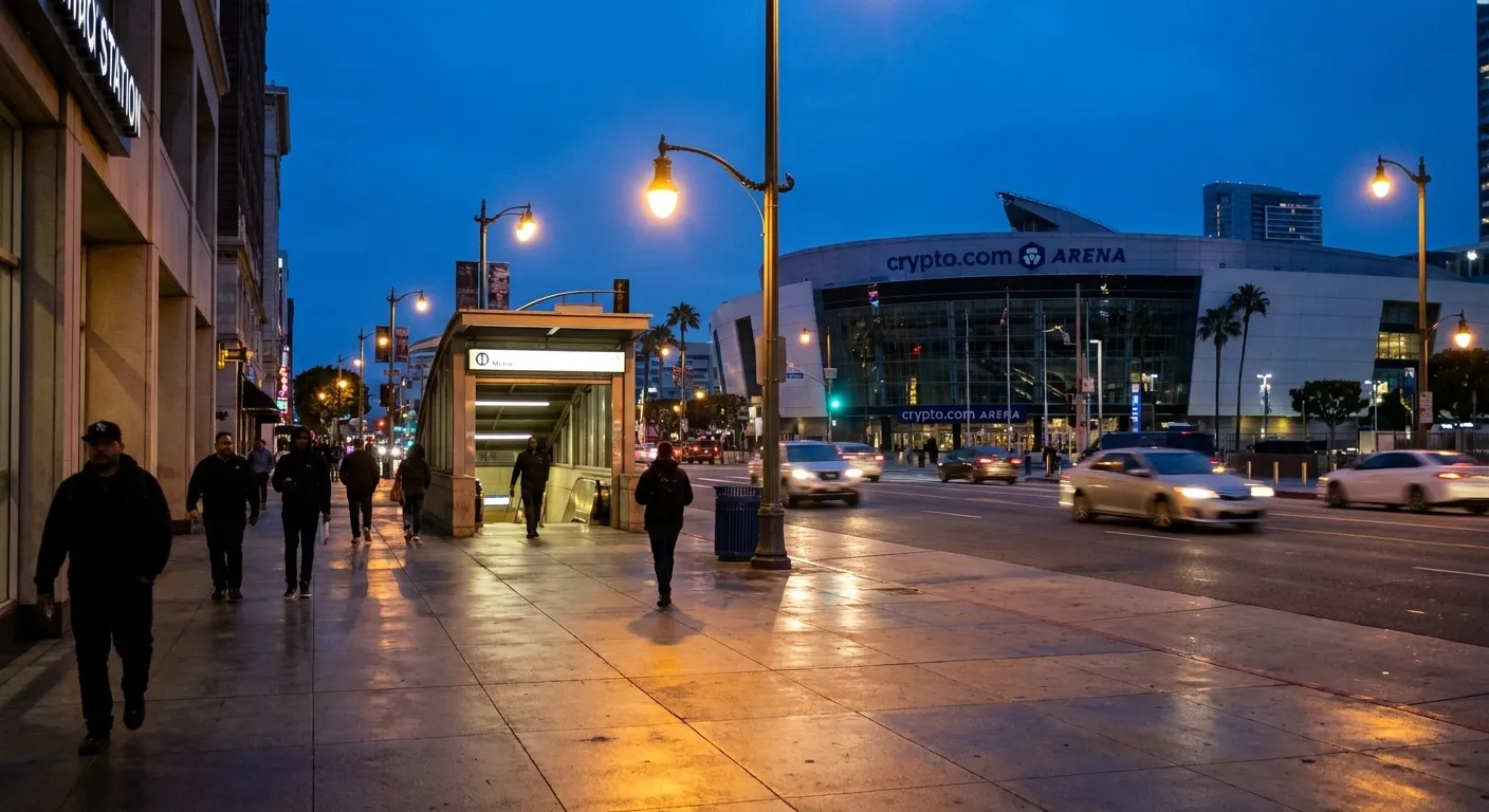Figueroa Street near Pico Metro station entrance with Crypto.com Arena visible in background