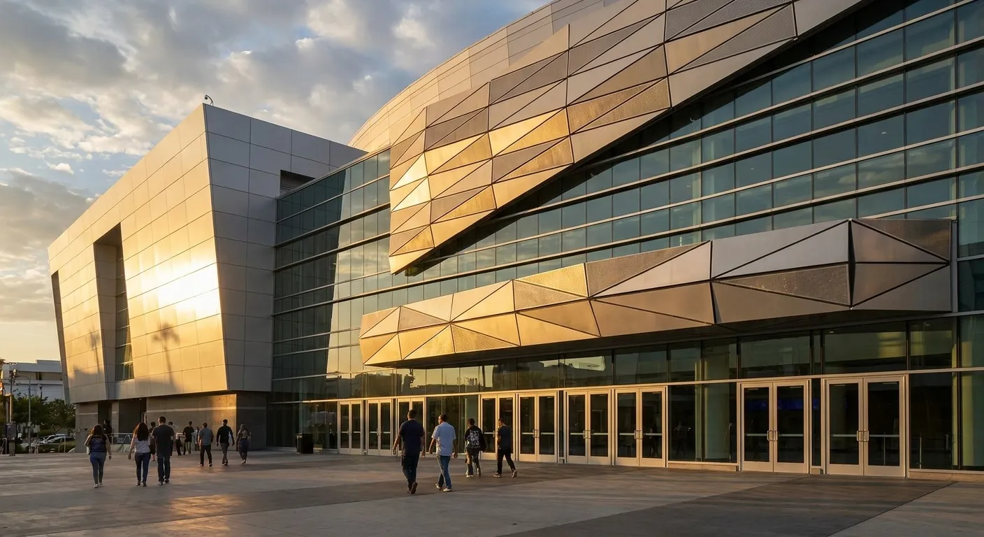 Crypto.com Arena entrance facade with geometric LED panels and glass doors at street level