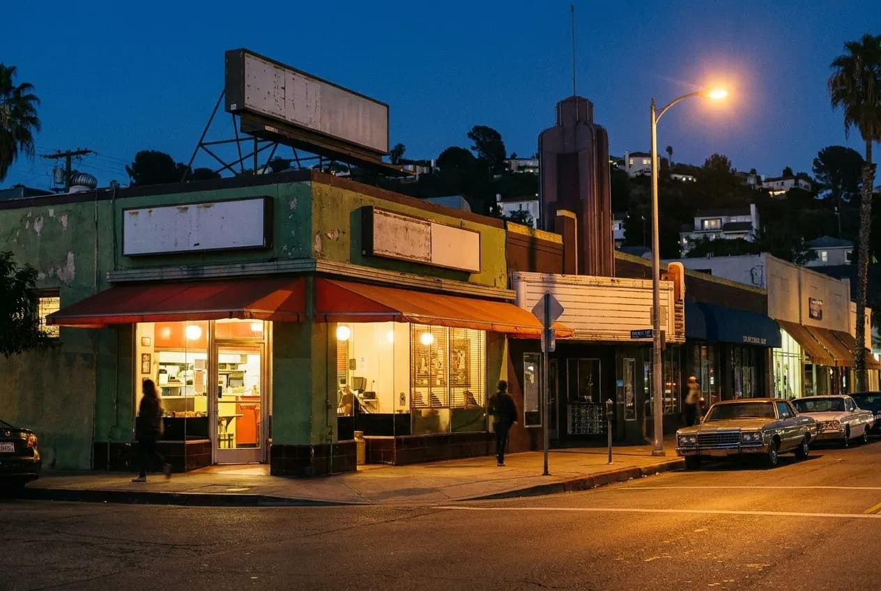 A vintage diner exterior glowing with warm light on a Los Angeles street at night with cars parked along the curb.