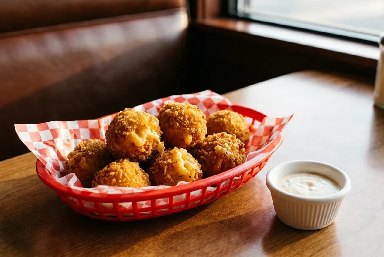 Golden fried mac and cheese balls in a basket with dipping sauce on a diner table.