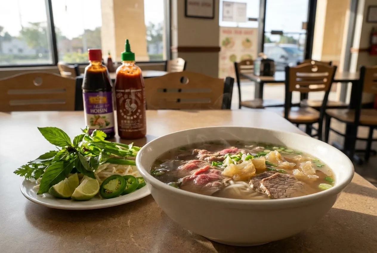 A bowl of beef phở with fresh herbs and condiments on a restaurant table in North Miami Beach.