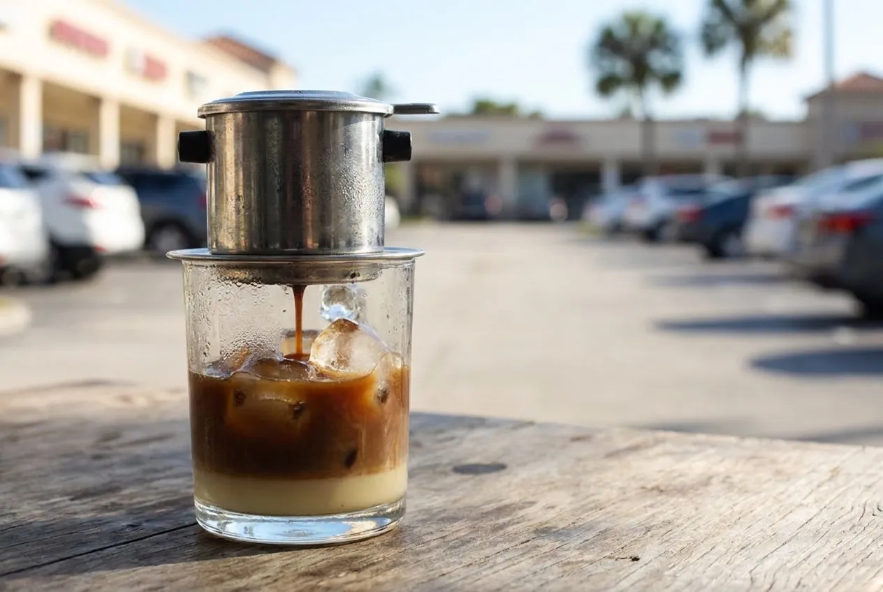 Vietnamese iced coffee with a traditional phin filter dripping into a glass with condensed milk.