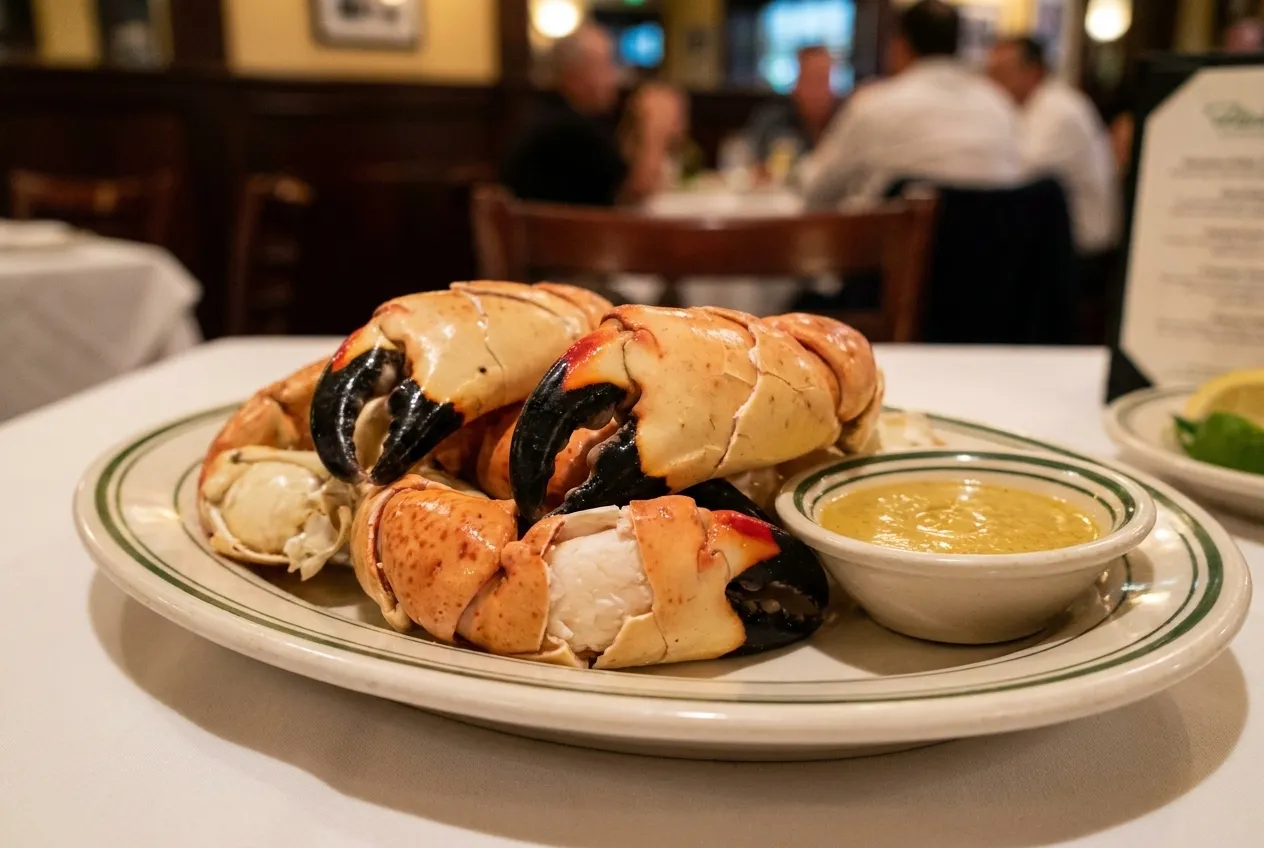 Chilled stone crab claws served on a white platter with mustard sauce in a formal dining setting