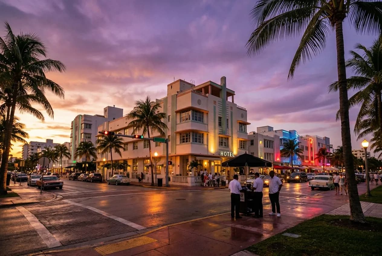 Washington Avenue in South Beach at sunset with Art Deco buildings and palm trees