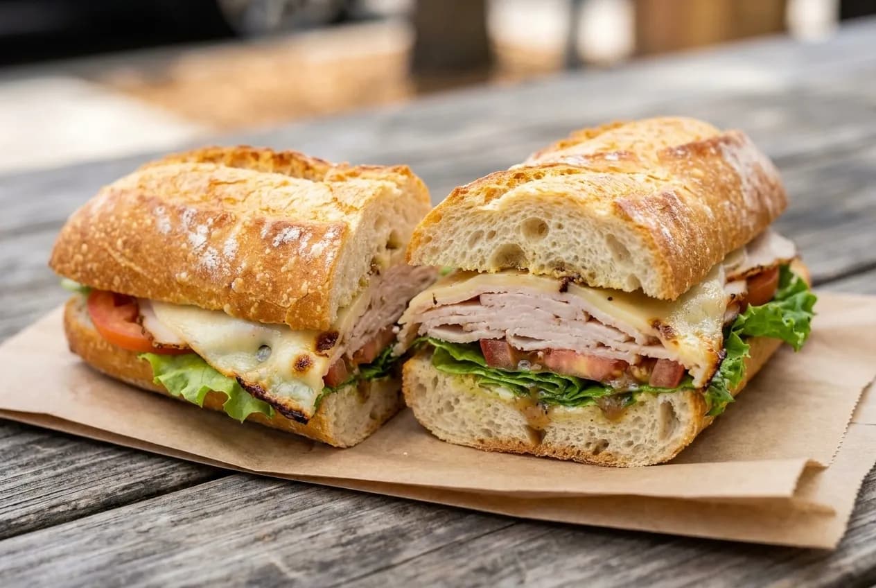 A cross-section of a French baguette sandwich showing fresh vegetables and vinaigrette on a paper wrapper