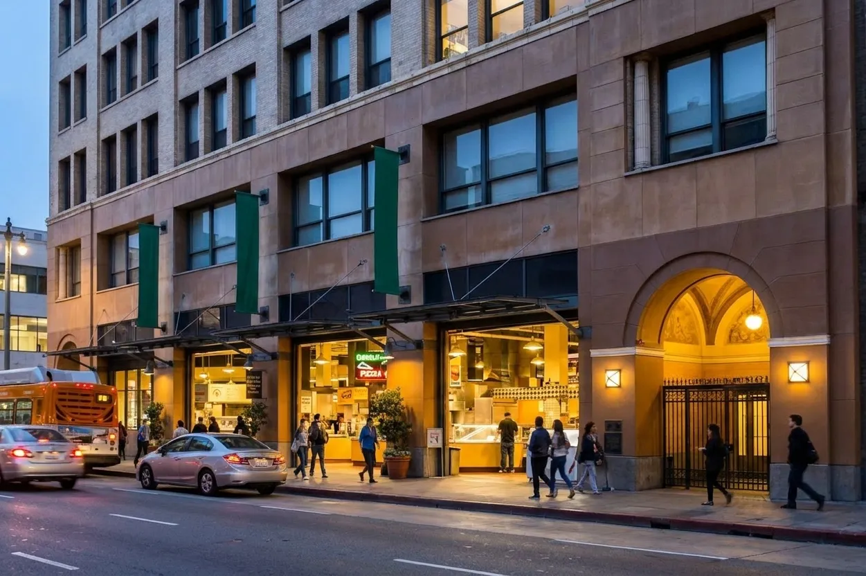 Grand Central Market's illuminated Broadway entrance at dusk in Downtown Los Angeles