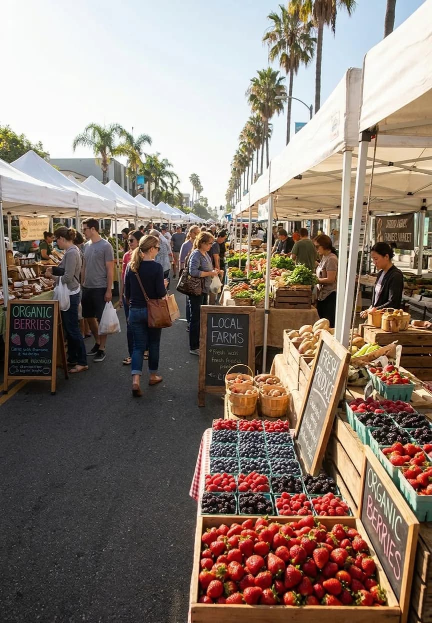 Wide view of vendor tents and produce displays along Arizona Avenue at Santa Monica's Saturday morning farmers market