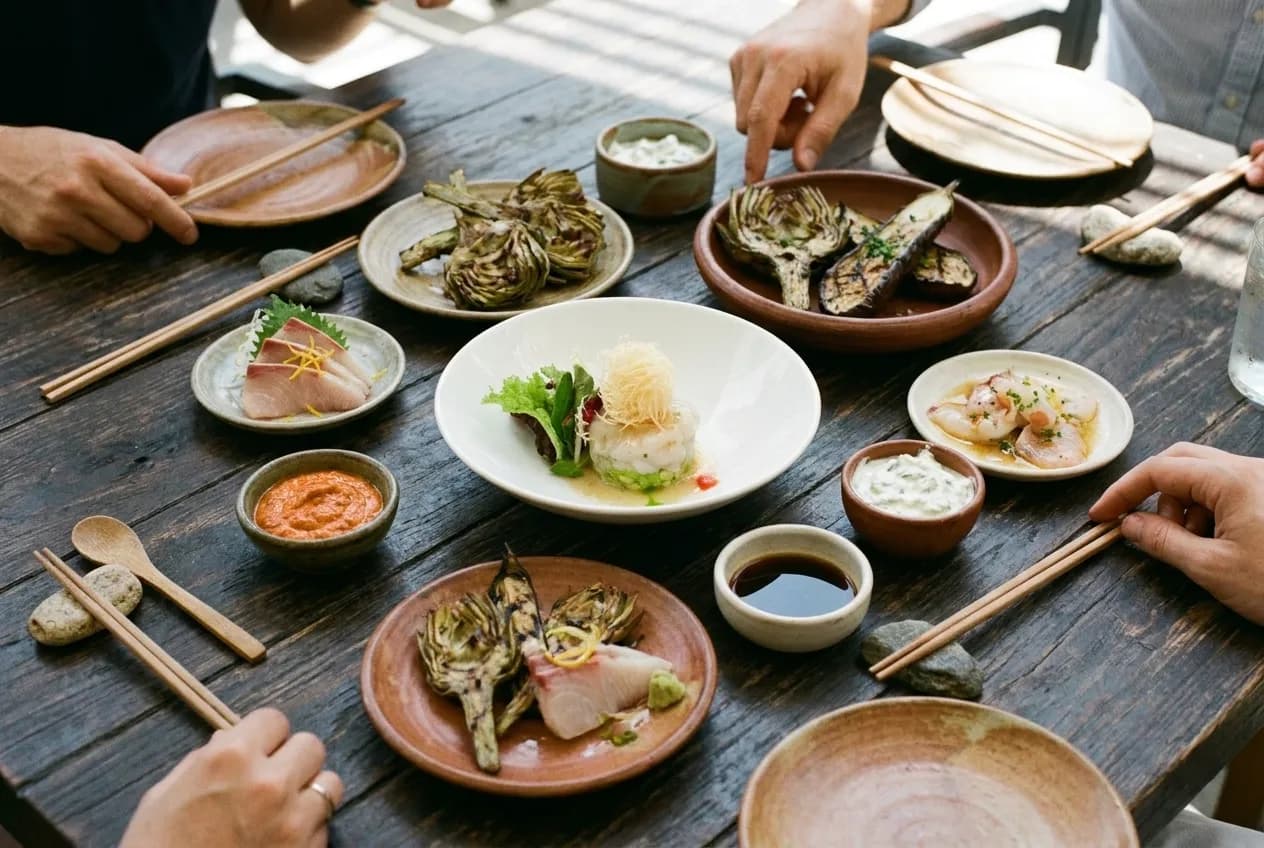 An overhead view of Mediterranean-Japanese fusion small plates arranged for sharing on a restaurant table