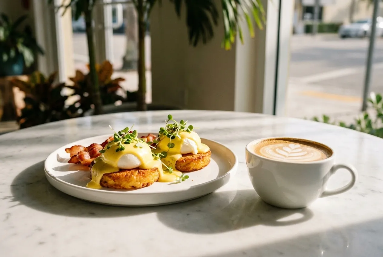 Eggs benedict served on hashbrown pucks with hollandaise sauce beside a flat white coffee on a sunlit cafe table