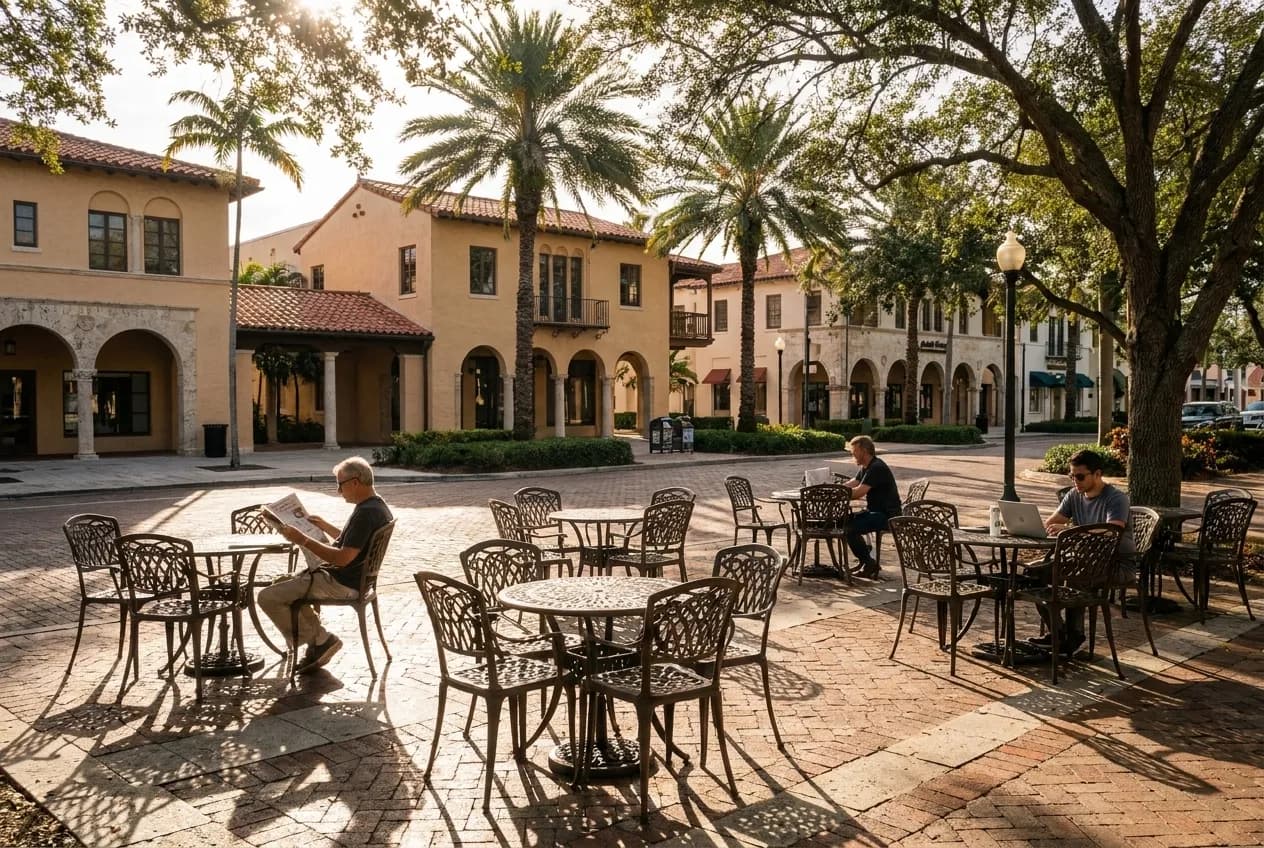 Outdoor patio seating at a Coral Gables cafe on Giralda Avenue with customers enjoying morning coffee under palm trees