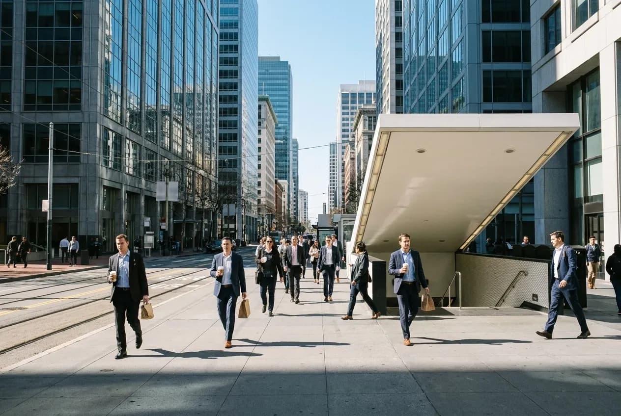 Market Street in San Francisco's Financial District during weekday lunch hour with office workers and transit infrastructure