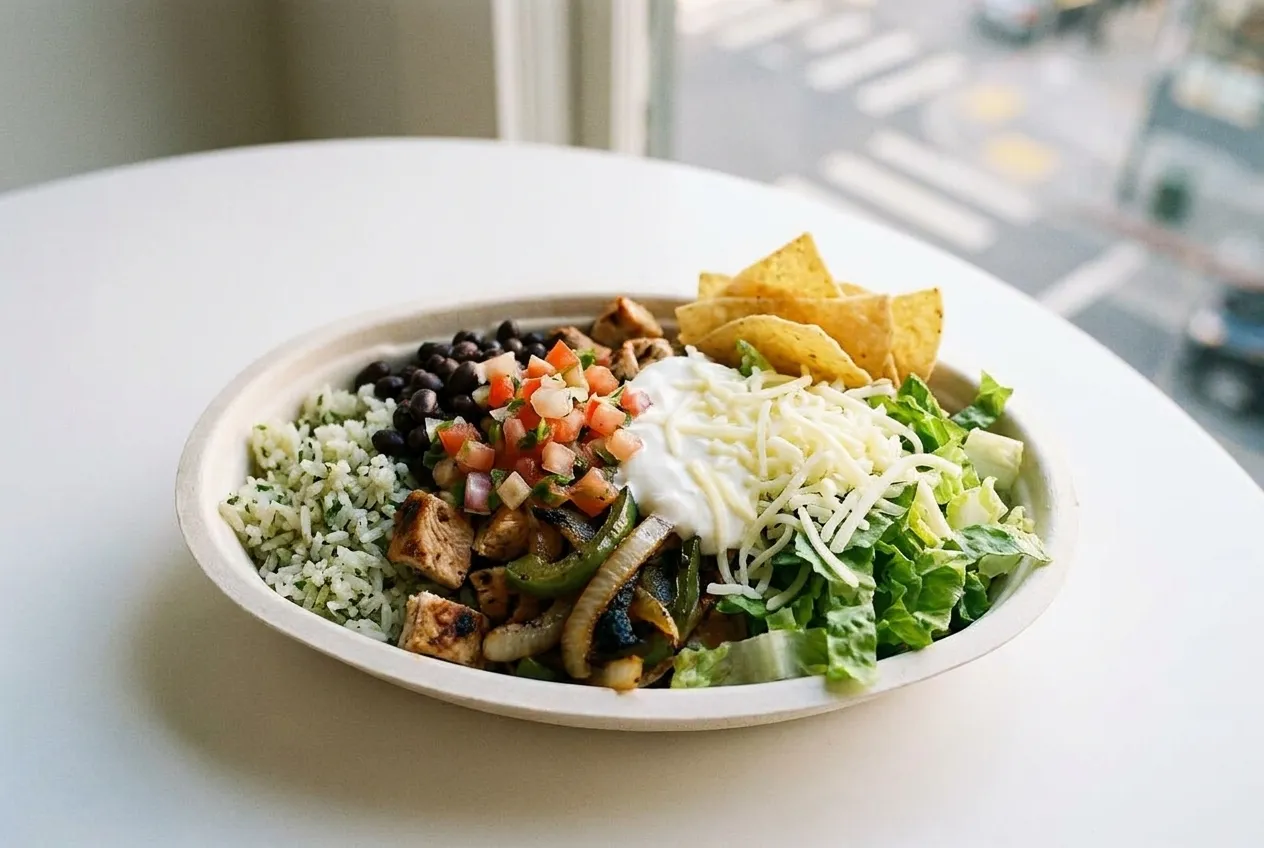 Overhead view of an assembled burrito bowl with rice, beans, protein, and fresh toppings