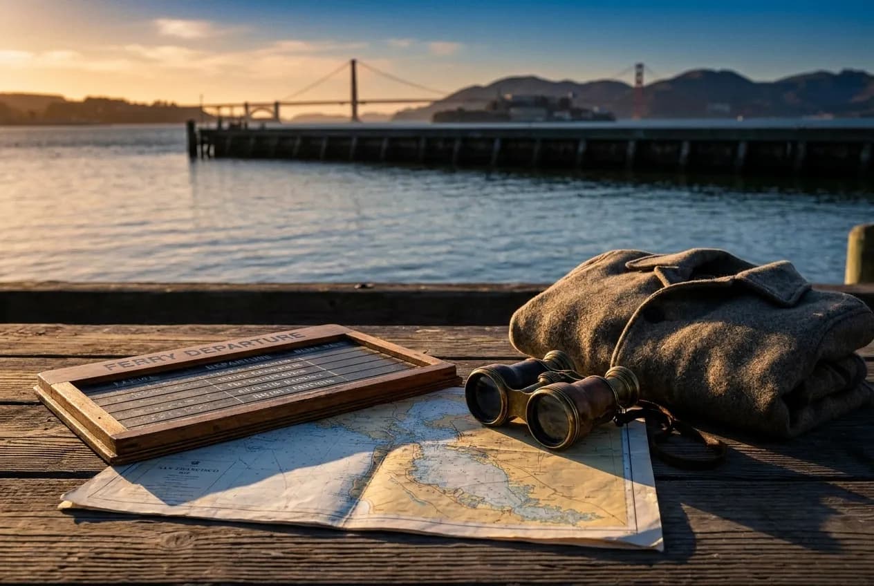 Ferry departure schedule and San Francisco Bay map on wooden dock with Alcatraz Island visible across the water at sunset