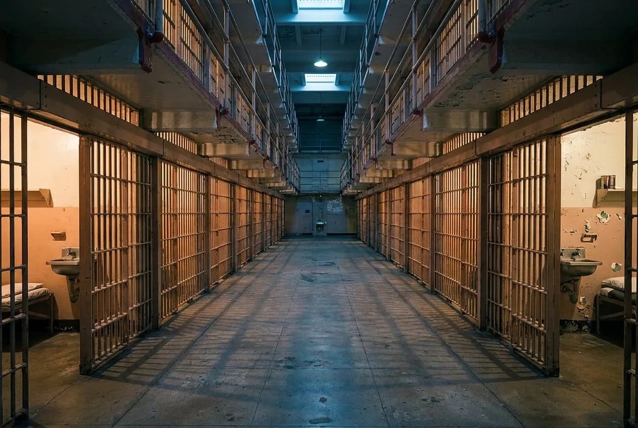 Dimly lit prison cellblock corridor inside Alcatraz with barred cell doors and dramatic artificial lighting creating shadows