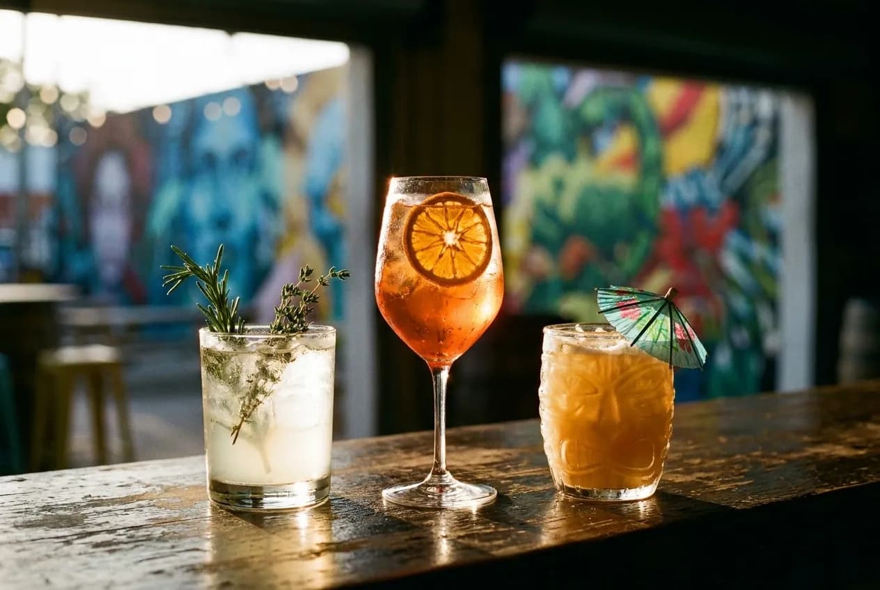 Three craft cocktails on a bar with Wynwood murals visible in the background during golden hour.