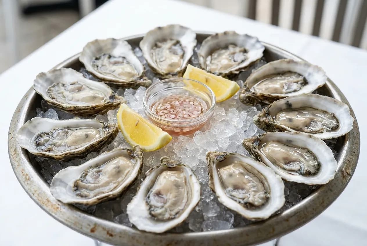Fresh raw oysters on ice with lemon wedges and mignonette sauce on a restaurant table.