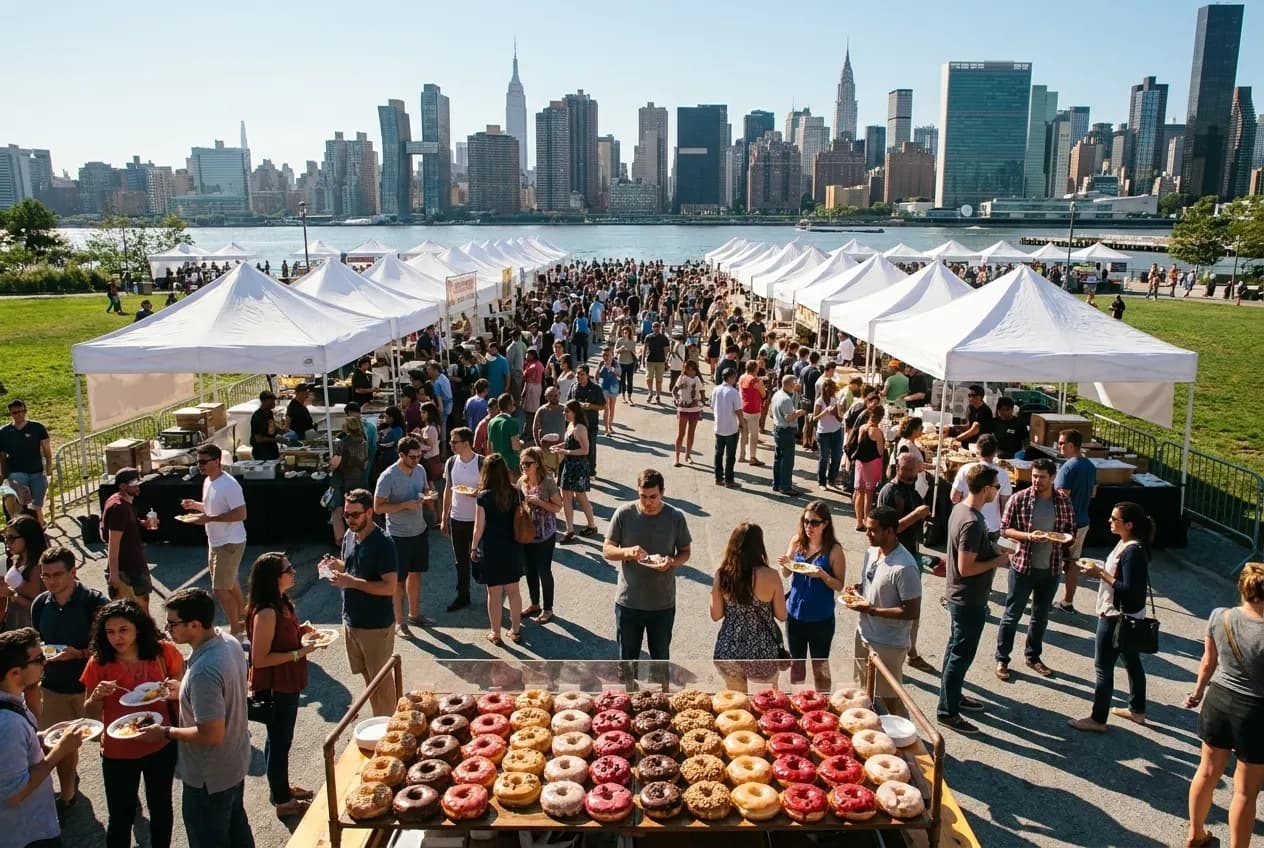 Aerial view of crowded outdoor food market with white vendor tents along a waterfront with city skyline in the background