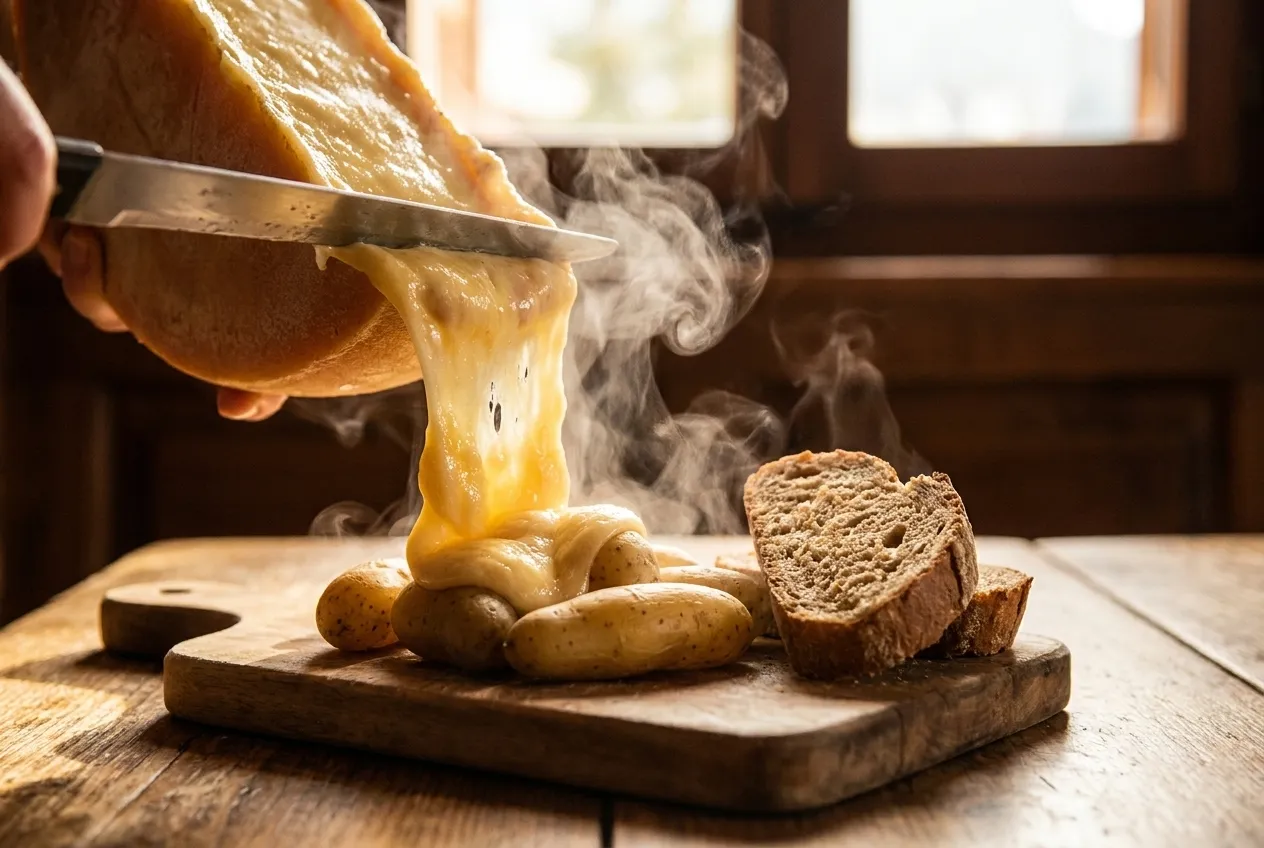 Close-up of melted Alpine raclette cheese being scraped over potatoes and bread on a wooden board