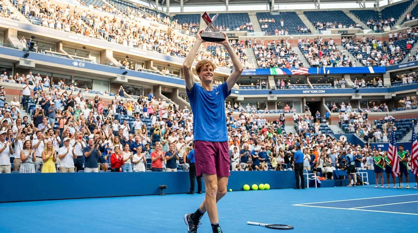 Photorealistic US Open tennis scene for How Many Grand Slams Has Jannik Sinner Won Before New York.