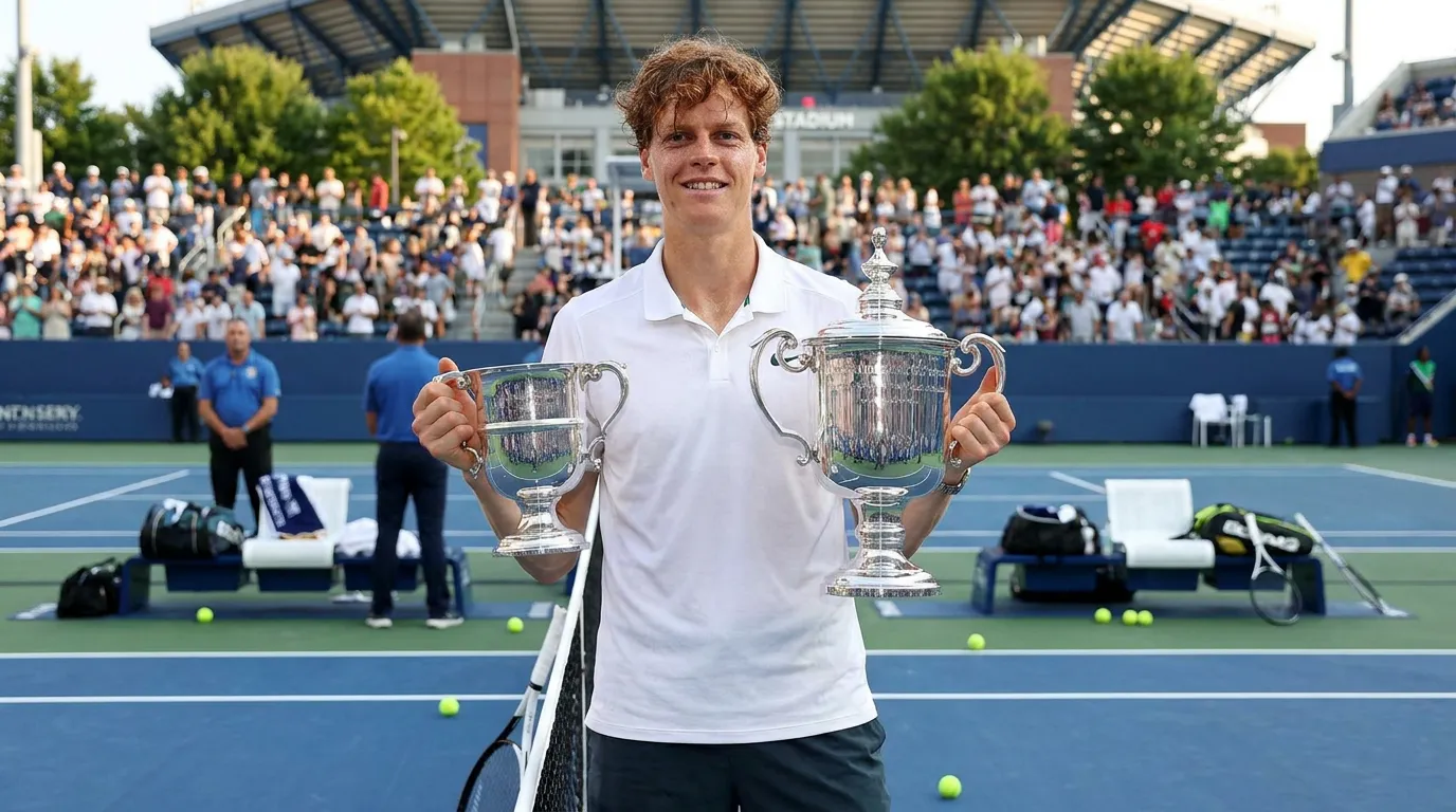 Photorealistic tennis scene illustrating How Many Grand Slams Has Jannik Sinner Won Before New York.