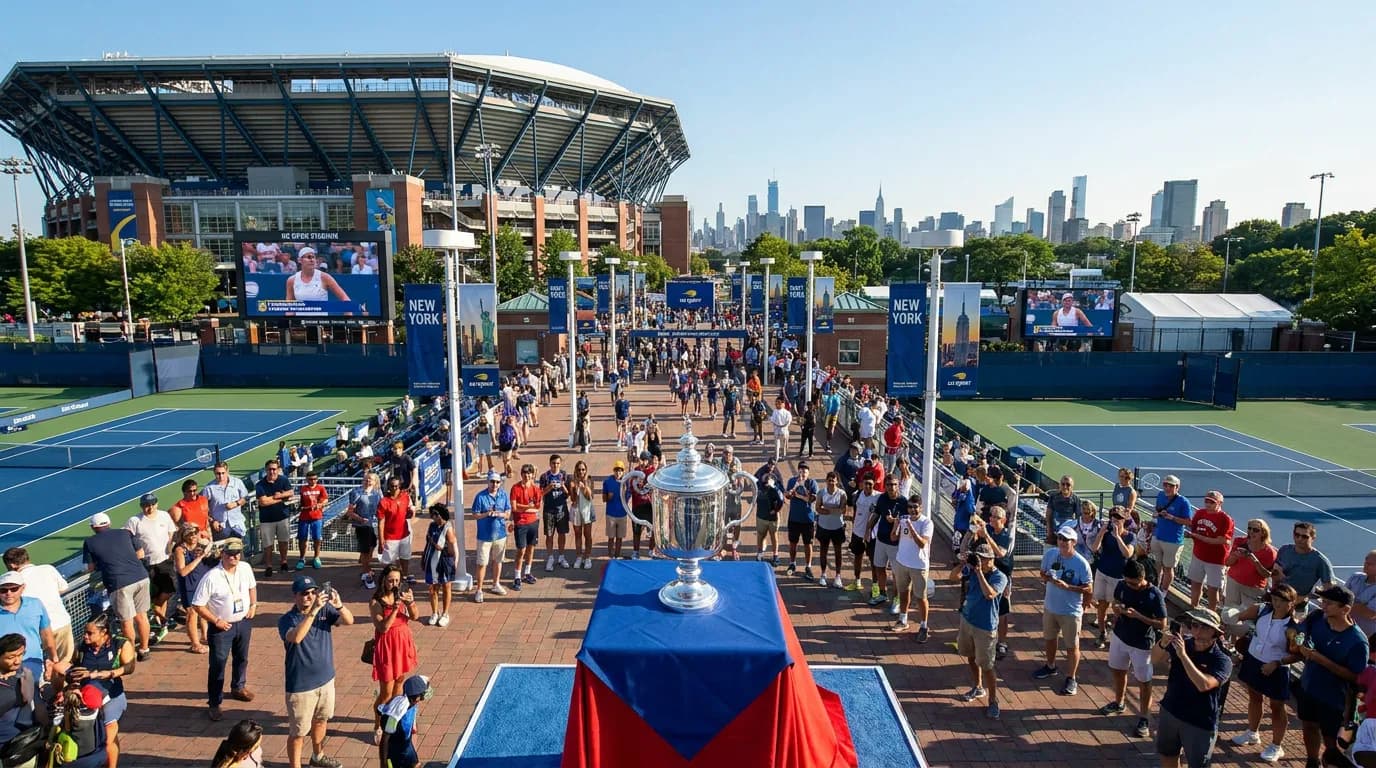 Bright US Open tennis atmosphere illustrating How Many Grand Slams Has Jannik Sinner Won Before New York.