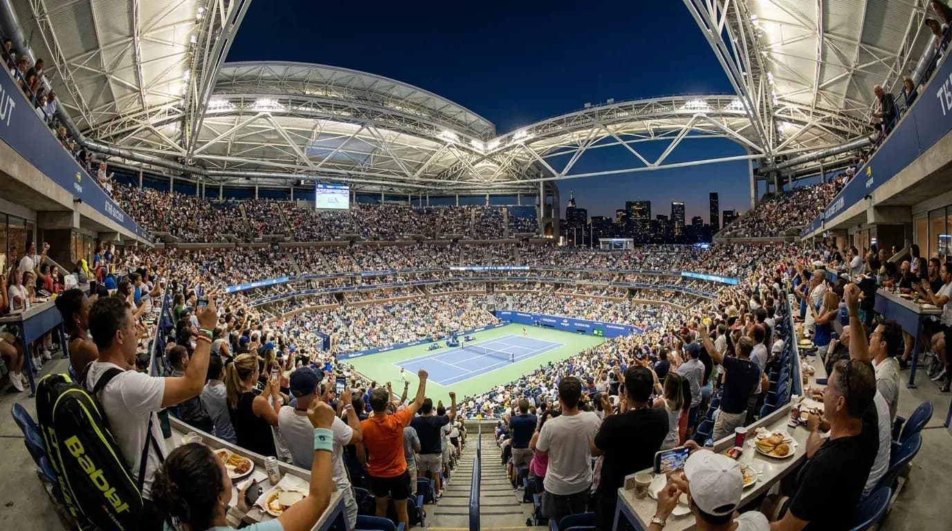 Photorealistic New York scene for How Stadium Acoustics Shape US Open Night Match Energy.