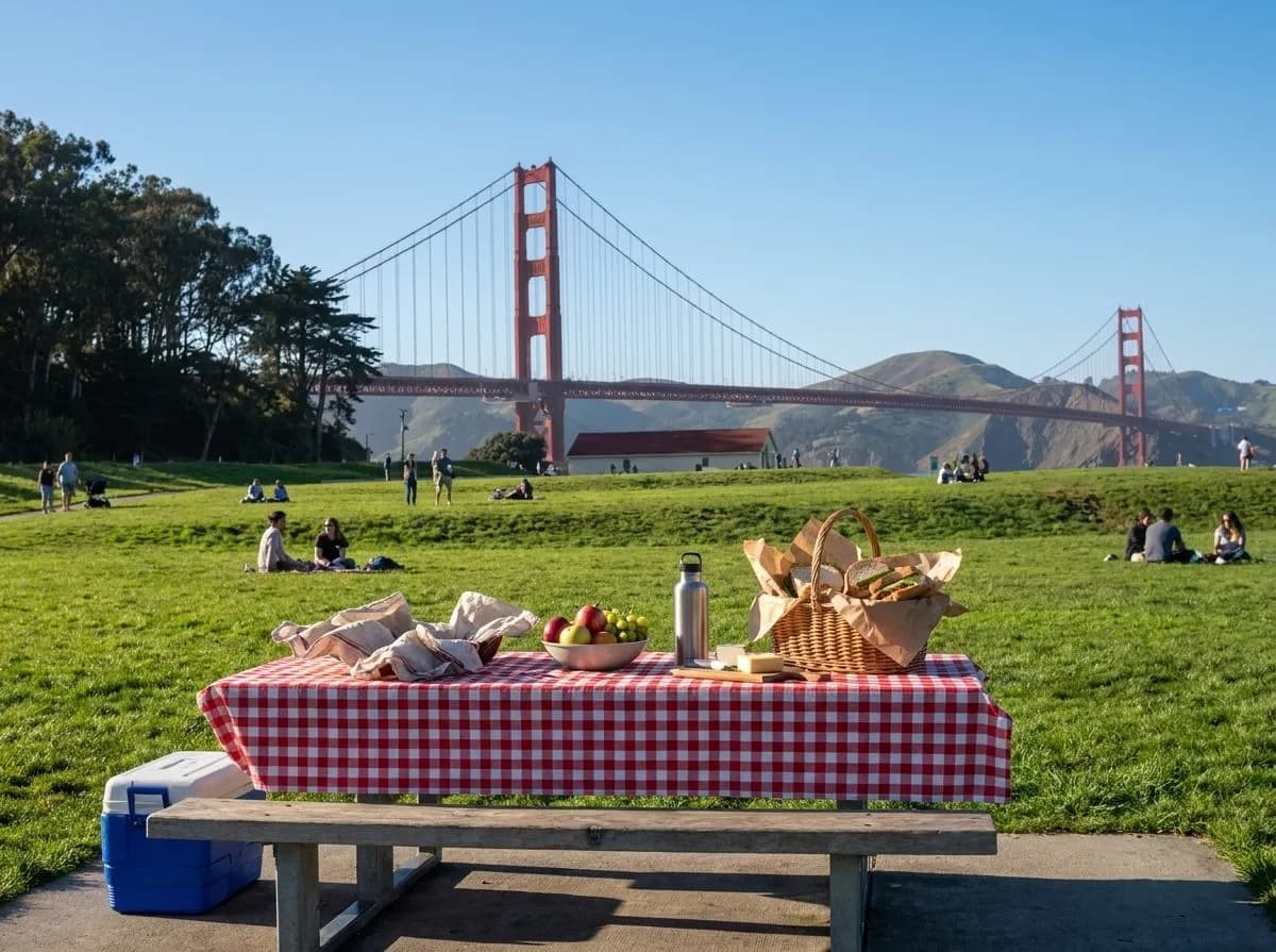 Picnic spread on a blanket at Crissy Field in San Francisco