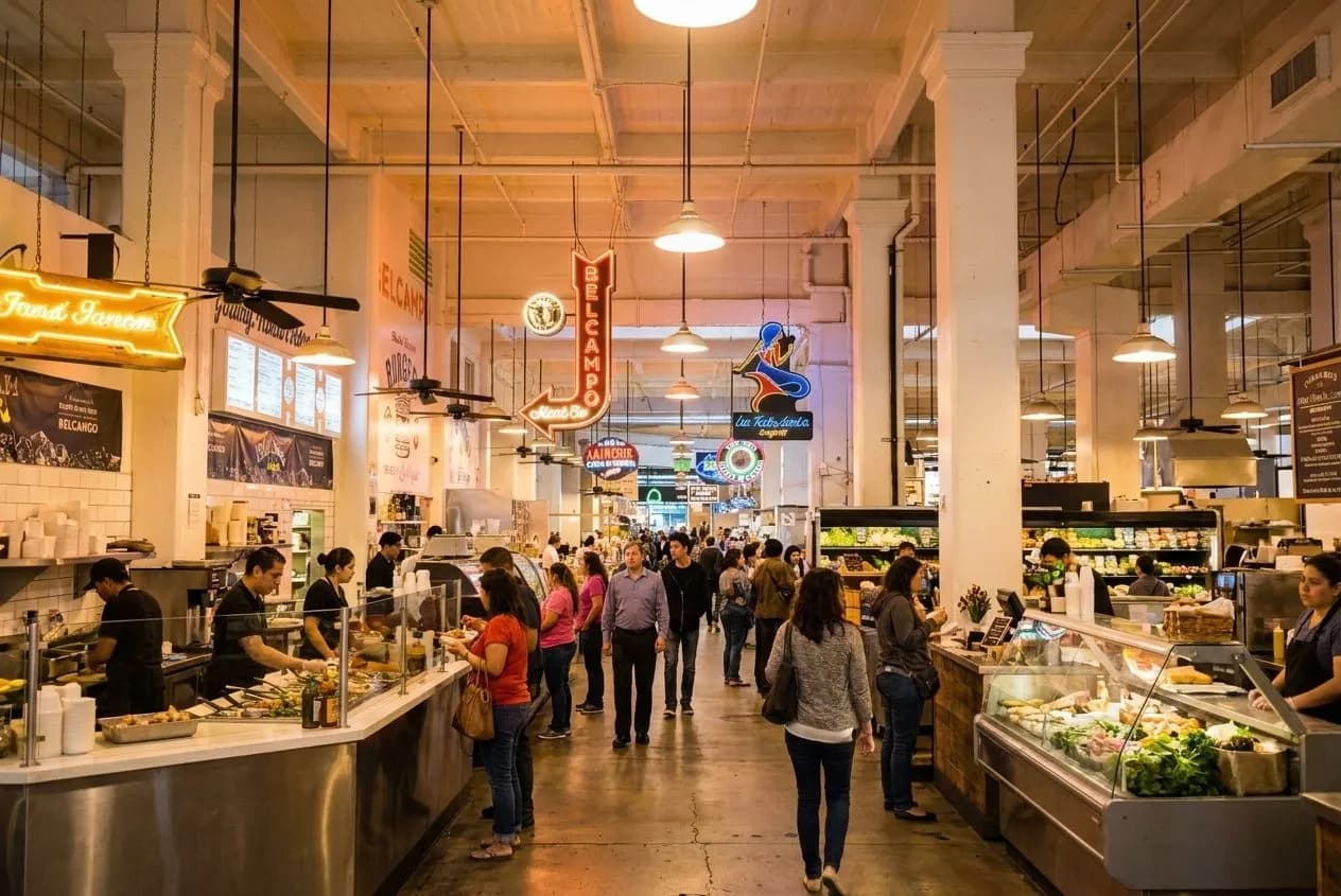 Bustling Grand Central Market interior with glowing counters and weekend foot traffic