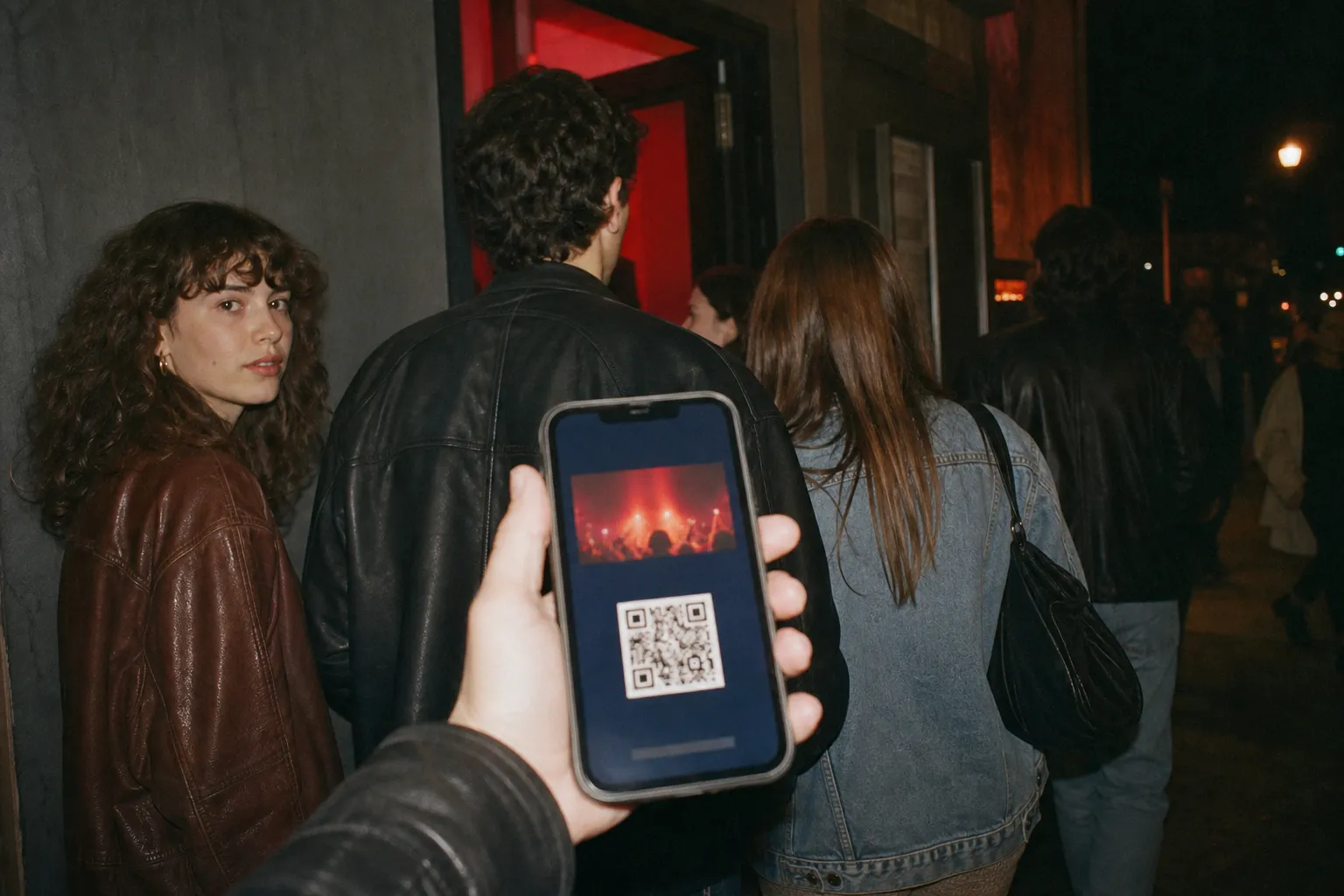 A phone showing a ticket app held up outside a lit venue entrance at night