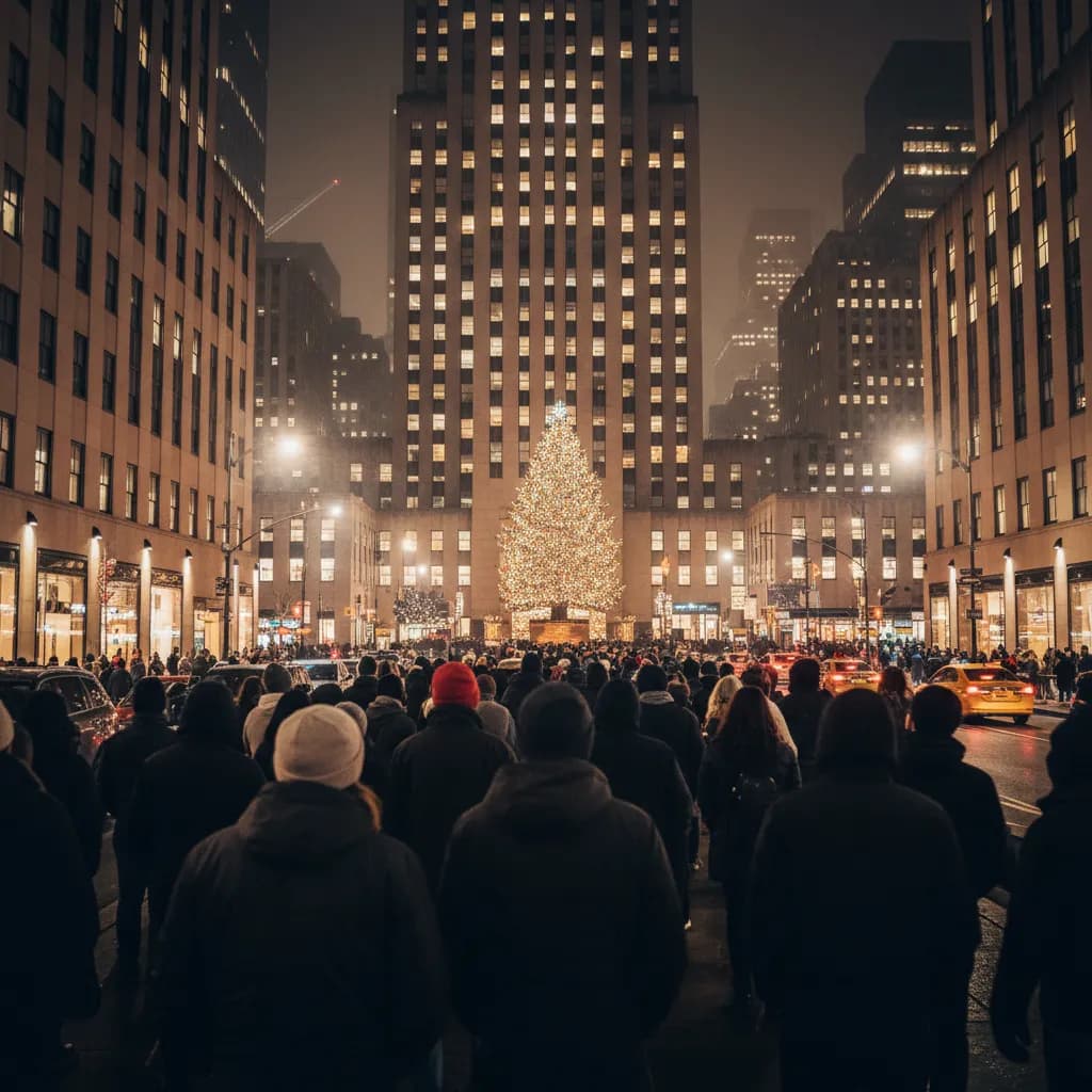 A Midtown Manhattan street scene near Rockefeller Center at night