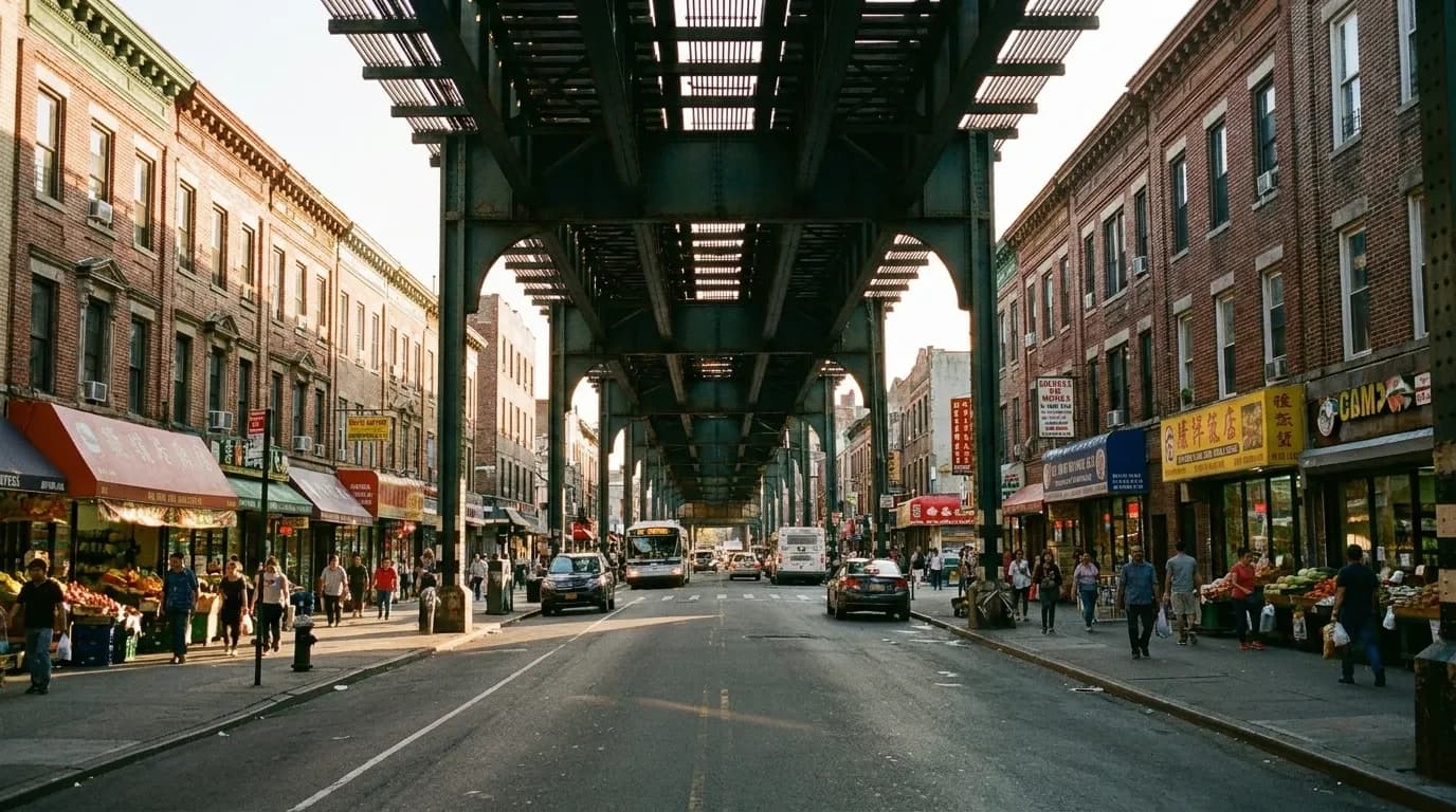 Elevated 7 train tracks casting shadows over Roosevelt Avenue in Jackson Heights with storefronts visible below