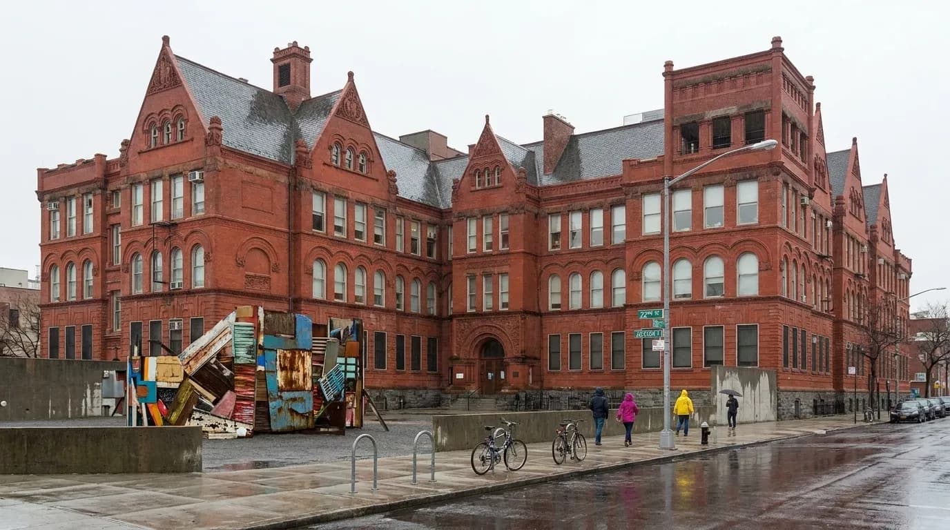 MoMA PS1 exterior courtyard in Long Island City showing former school building architecture and outdoor art installation space