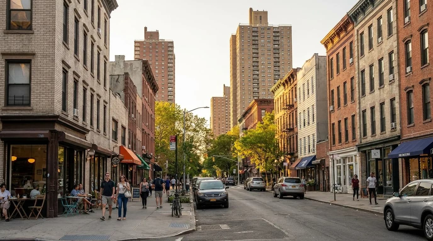 Vernon Boulevard commercial street in Long Island City with independent shops and residential buildings