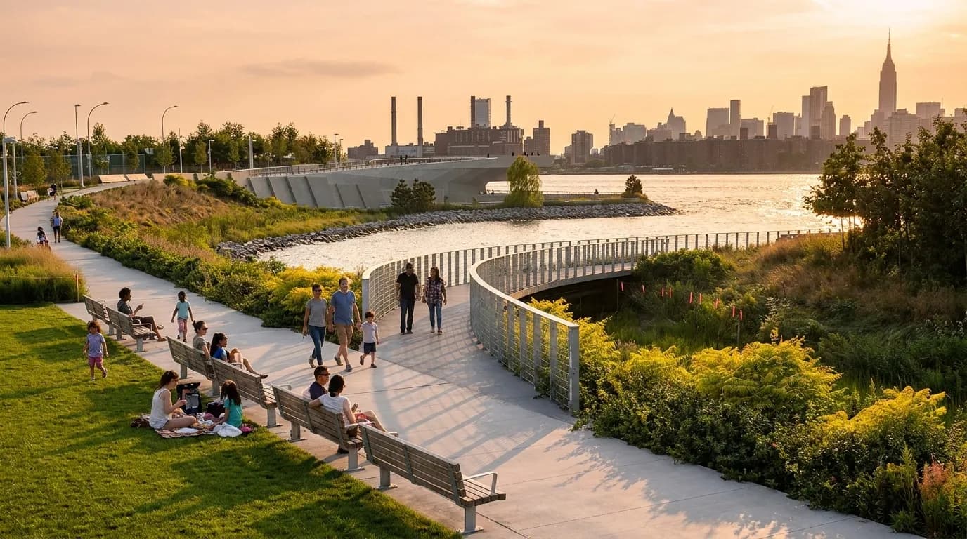 Hunters Point South Park waterfront promenade with East River views and green space in Queens