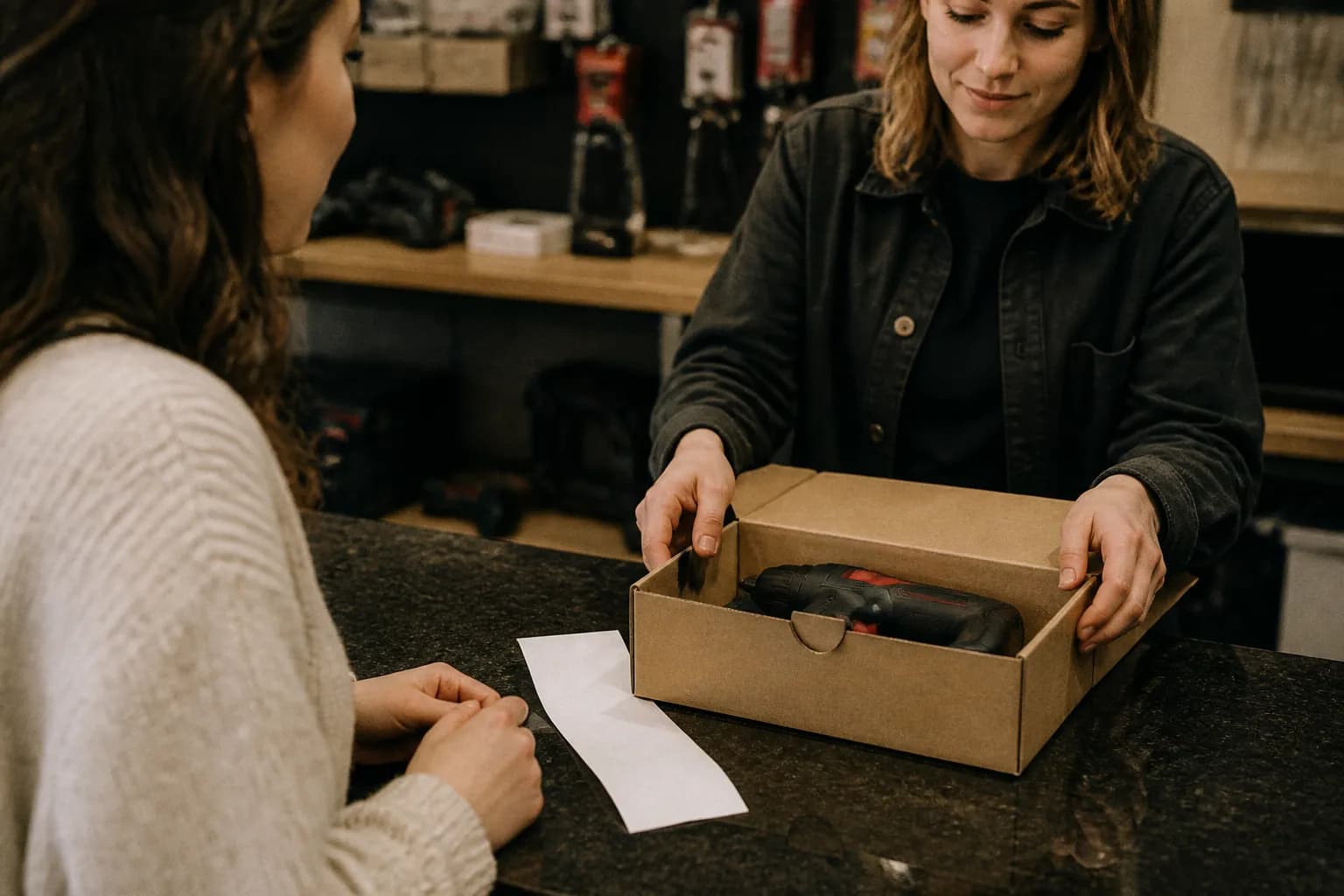 A store return counter with a boxed tool and a paper receipt on top