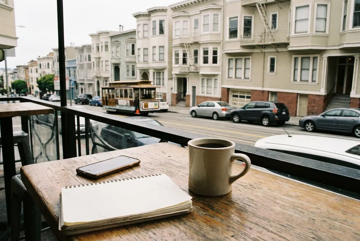 A phone and a paper notebook on a cafe table beside a cup