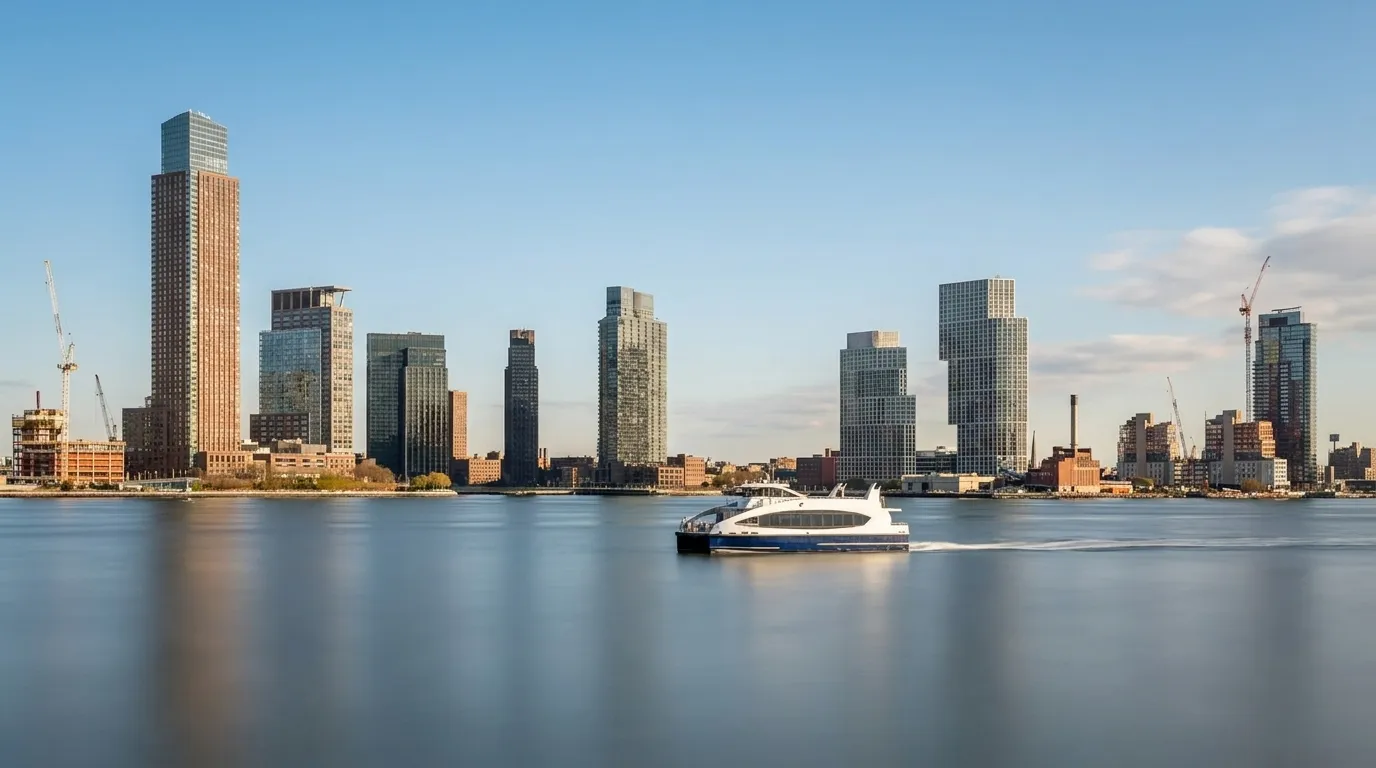 NYC Ferry boat crossing the East River with Brooklyn waterfront buildings in the background